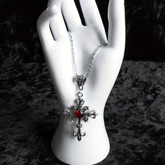 Stainless Steel Ruby Cross Unisex Pendant Necklace - Picture 2 of 8